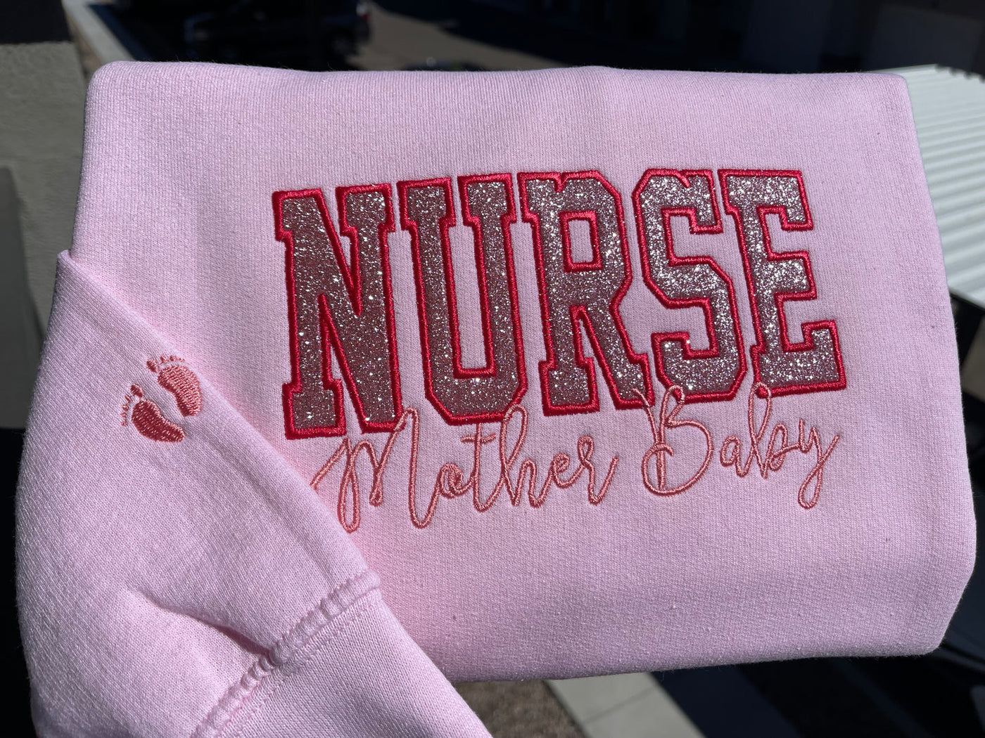 Custom Glitter Embroidered Nurse Sweatshirt | Gift for Mom