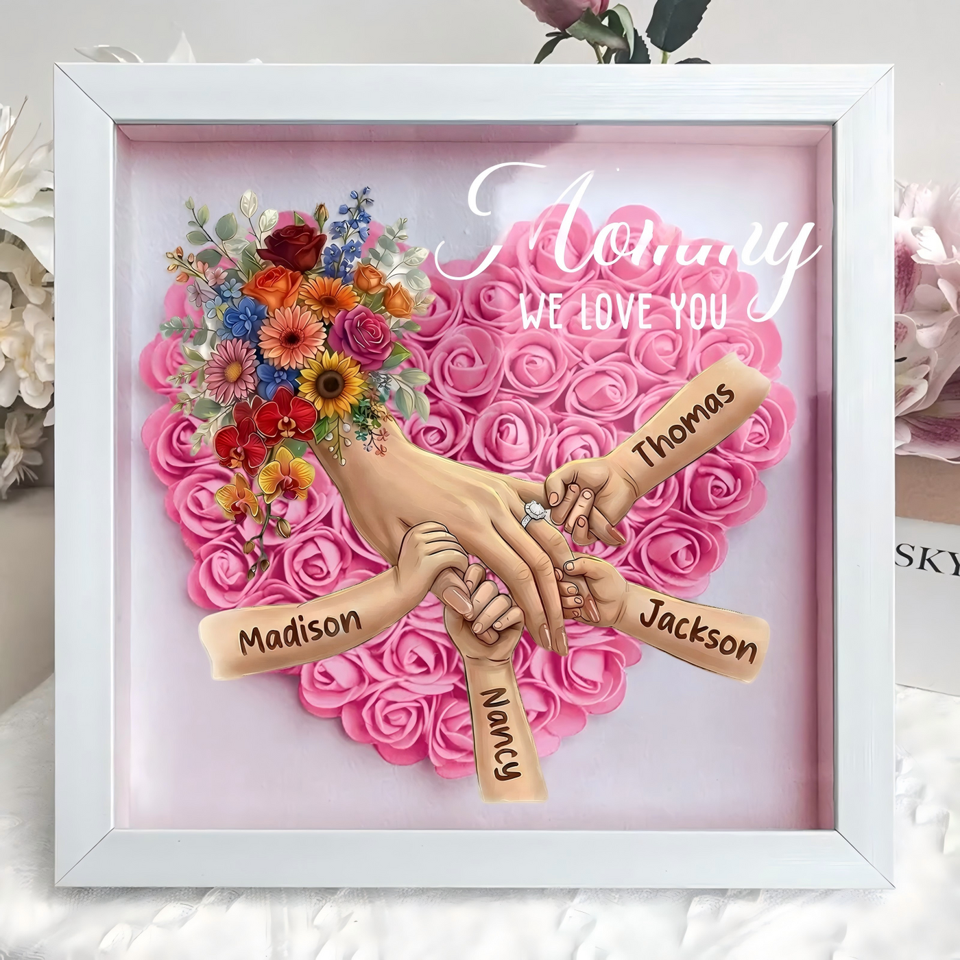 (with Ring & Manicure)Personalized Mommy Holding Hands Shadow Box with Ring & Manicure – Custom Kids Names Floral Heart Frame, Mother’s Day Gift