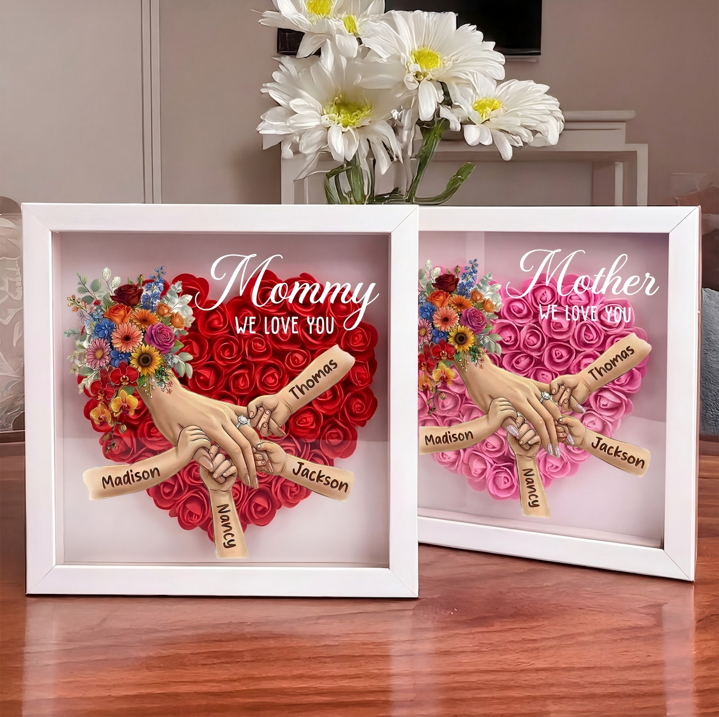 (with Ring & Manicure)Personalized Mommy Holding Hands Shadow Box with Ring & Manicure – Custom Kids Names Floral Heart Frame, Mother’s Day Gift