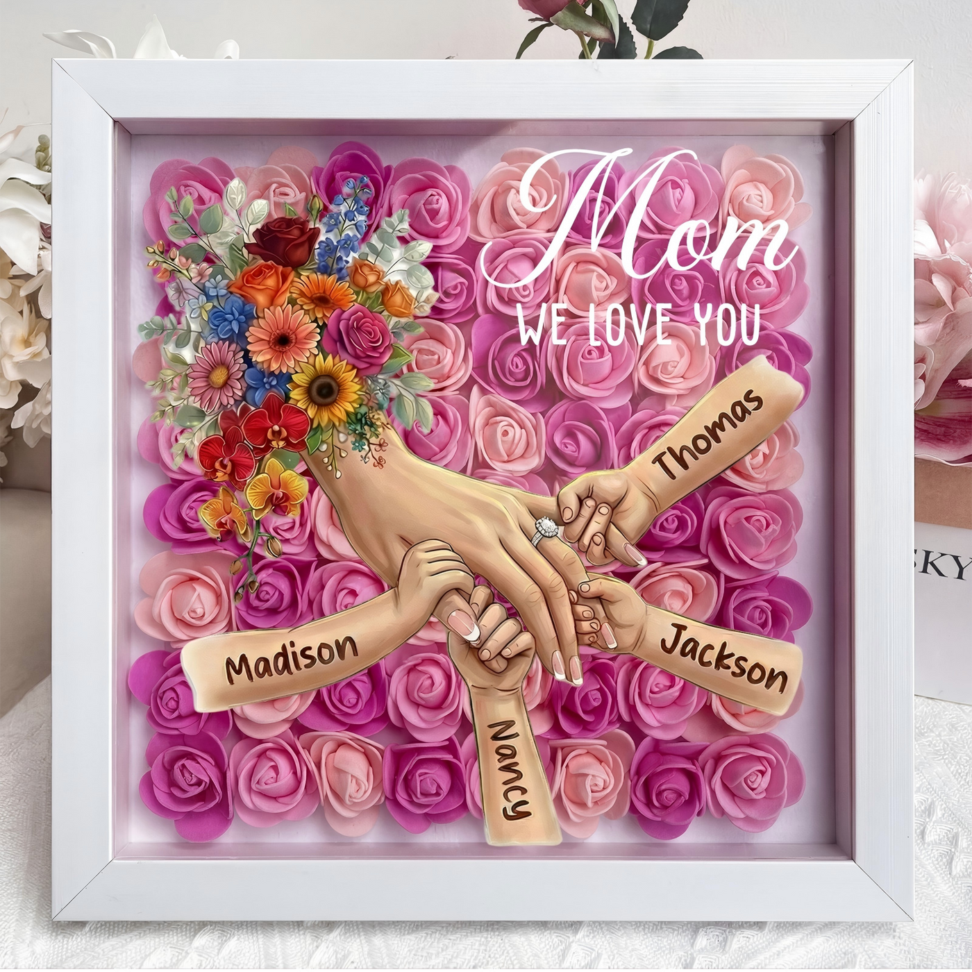 (with Ring & Manicure)Personalized Mommy Holding Hands Shadow Box with Ring & Manicure – Custom Kids Names Floral Heart Frame, Mother’s Day Gift