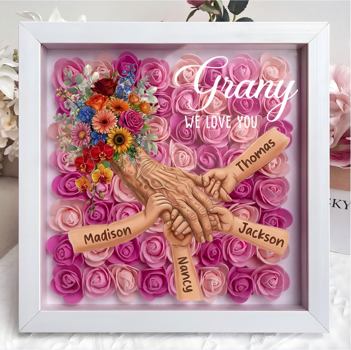 Personalized Grandma Hand Holding Shadow Box – Custom Names Rose Heart Frame for Nana | Mother’s Day Gift from Grandkids