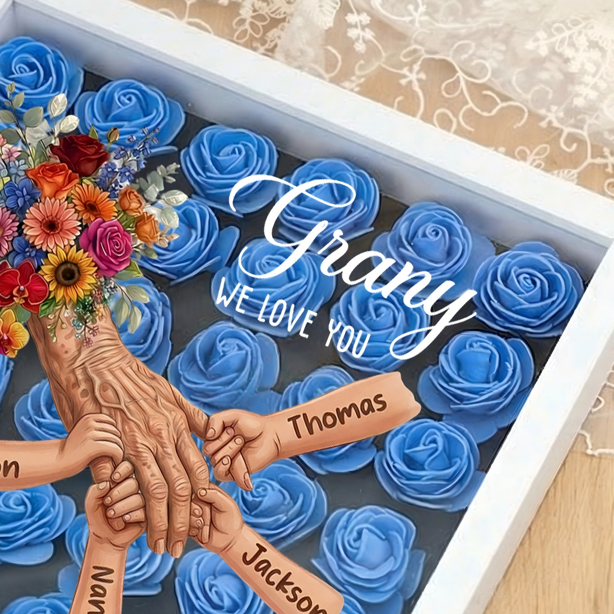 Personalized Grandma Hand Holding Shadow Box – Custom Names Rose Heart Frame for Nana | Mother’s Day Gift from Grandkids