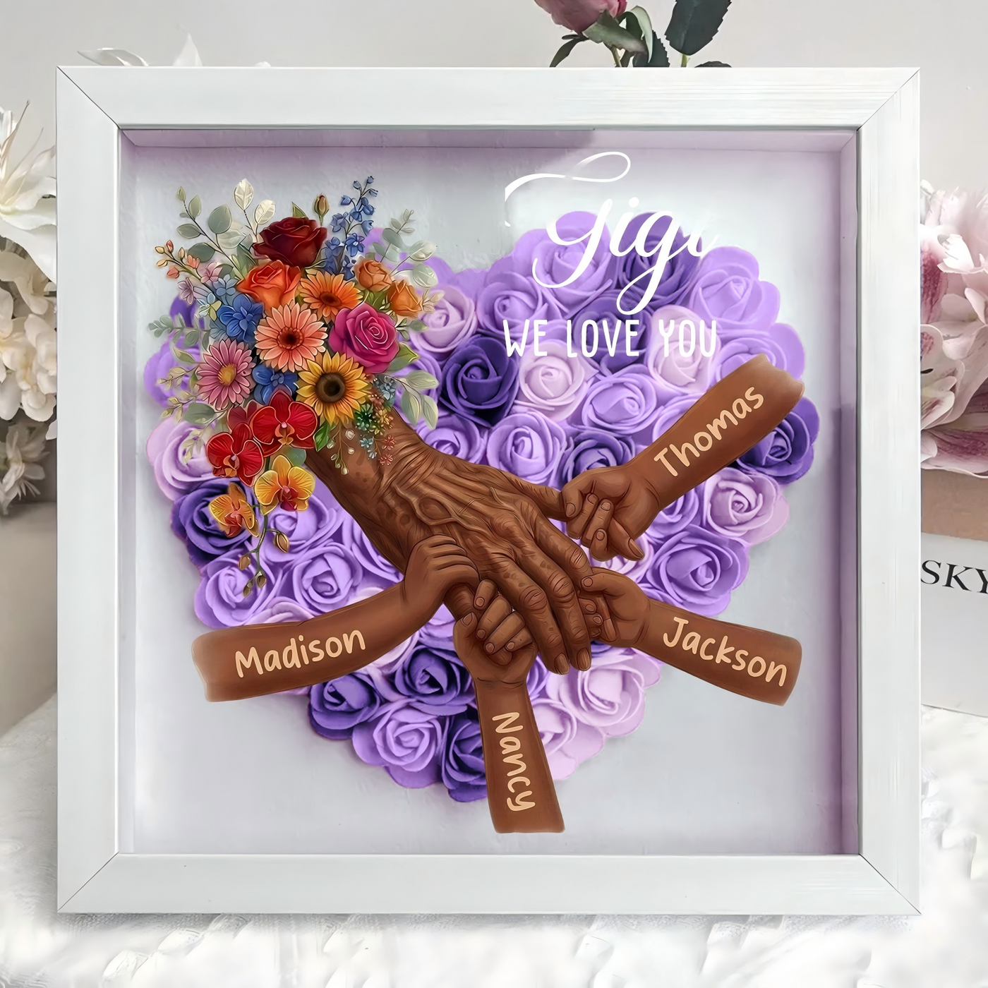 Personalized Grandma Hand Holding Shadow Box – Custom Names Rose Heart Frame for Nana | Mother’s Day Gift from Grandkids