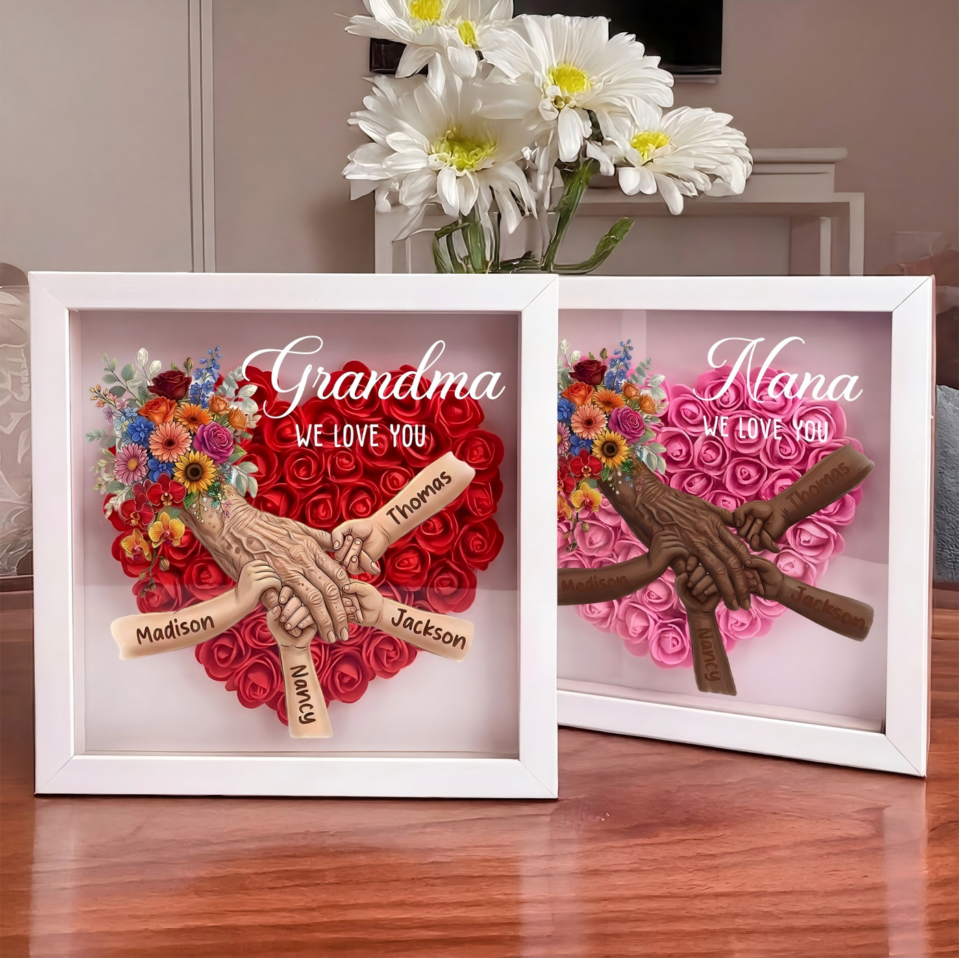 Personalized Grandma Hand Holding Shadow Box – Custom Names Rose Heart Frame for Nana | Mother’s Day Gift from Grandkids