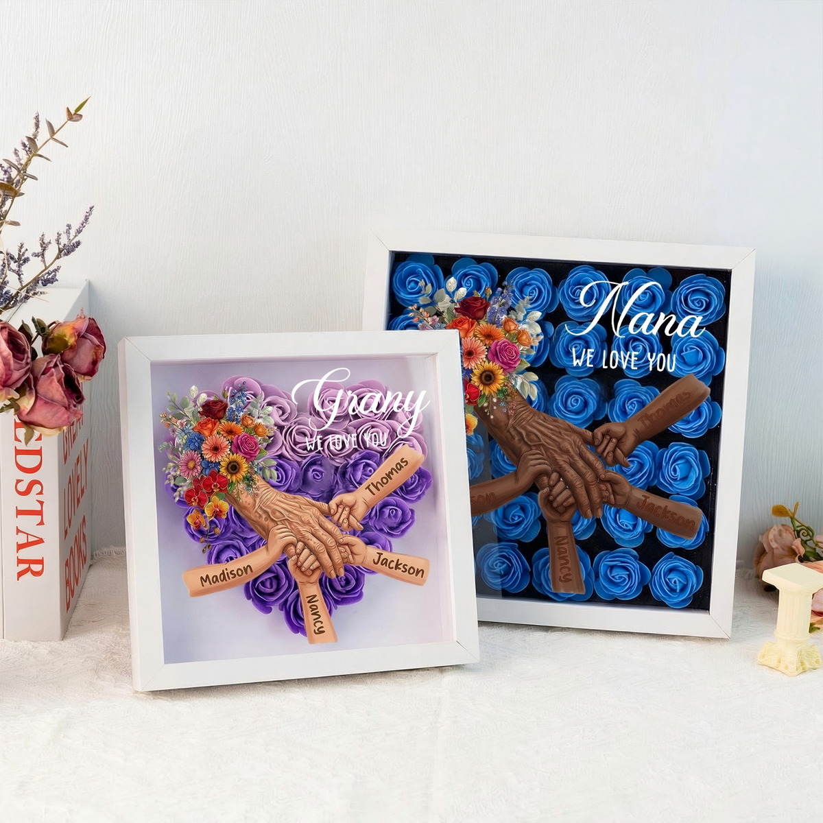 Personalized Grandma Hand Holding Shadow Box – Custom Names Rose Heart Frame for Nana | Mother’s Day Gift from Grandkids