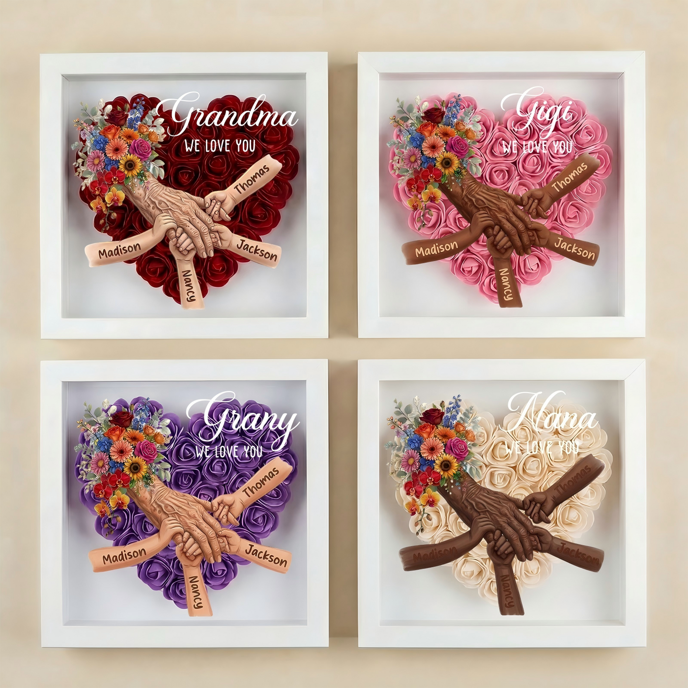 Personalized Grandma Hand Holding Shadow Box – Custom Names Rose Heart Frame for Nana | Mother’s Day Gift from Grandkids