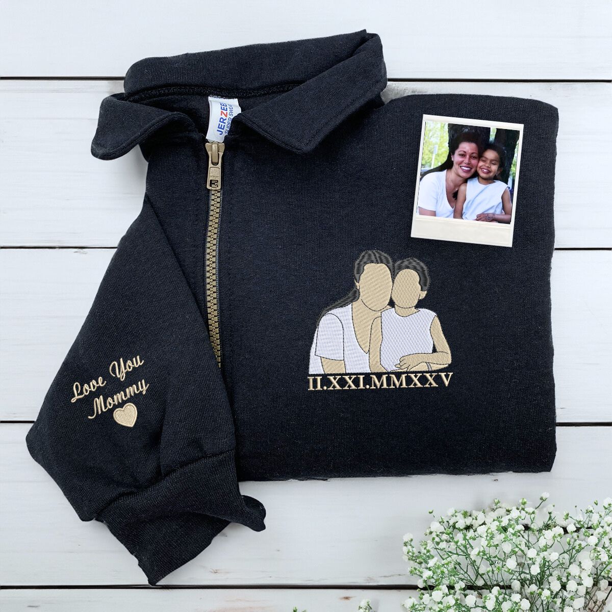 Custom Photo Embroidered Quarter Zip Sweatshirt | Personalized Gift for Mom & Grandma