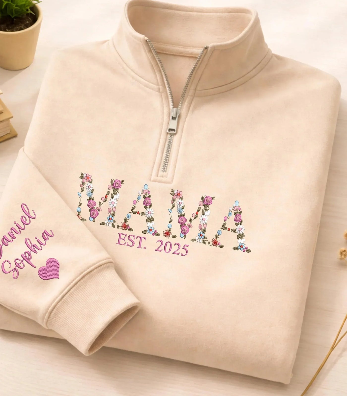 Embroidered Floral Mama Quarter Zip Sweatshirt with Names on Sleeve | Mother's Day Gift