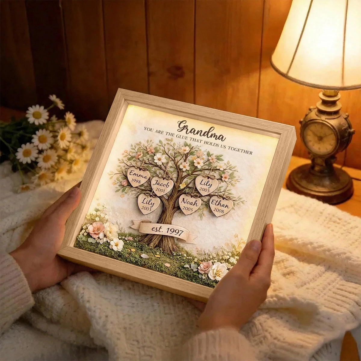 Personalized Mom Family Tree With Kids' Names Birth Years LED Light Shadow Box Wooden Ornament