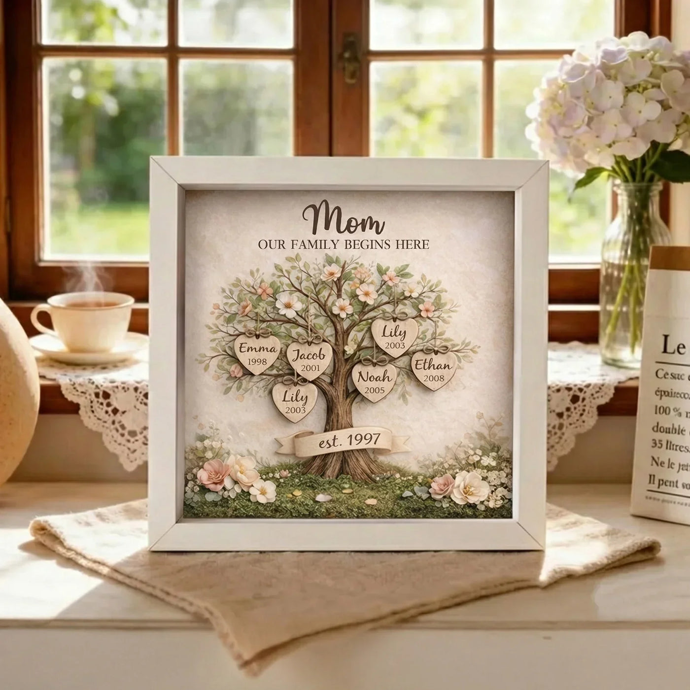 Personalized Mom Family Tree With Kids' Names Birth Years LED Light Shadow Box Wooden Ornament