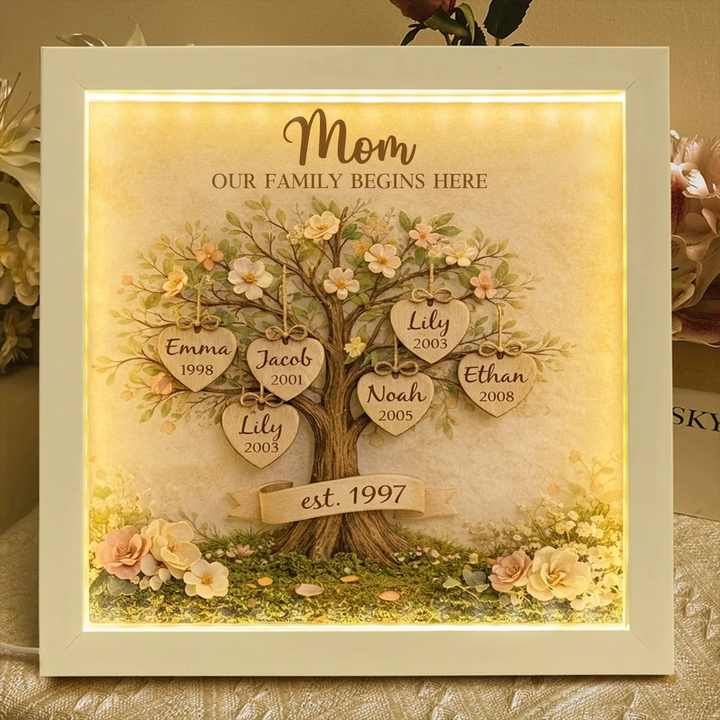 Personalized Mom Family Tree With Kids' Names Birth Years LED Light Shadow Box Wooden Ornament