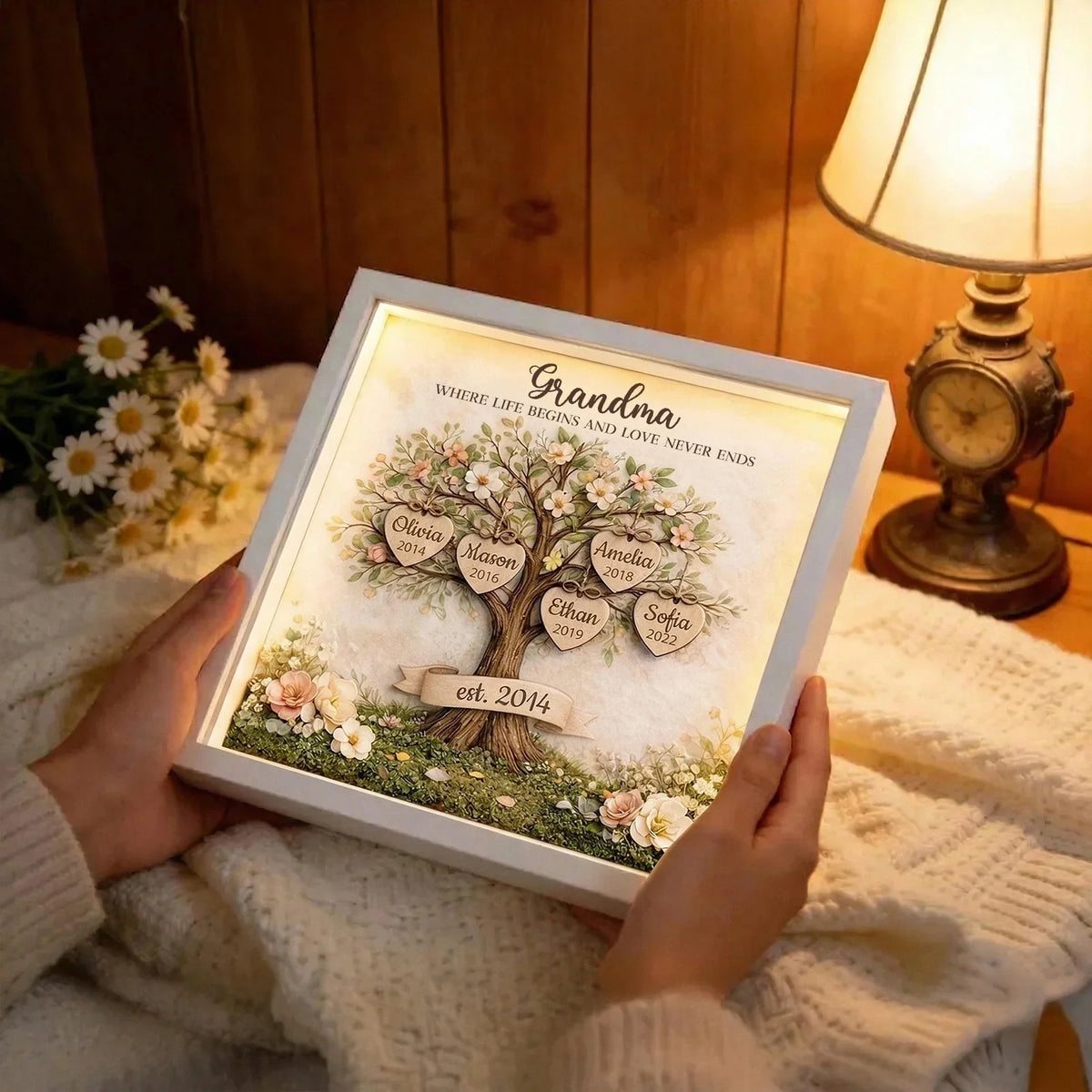 Personalized Mom Family Tree With Kids' Names Birth Years LED Light Shadow Box Wooden Ornament