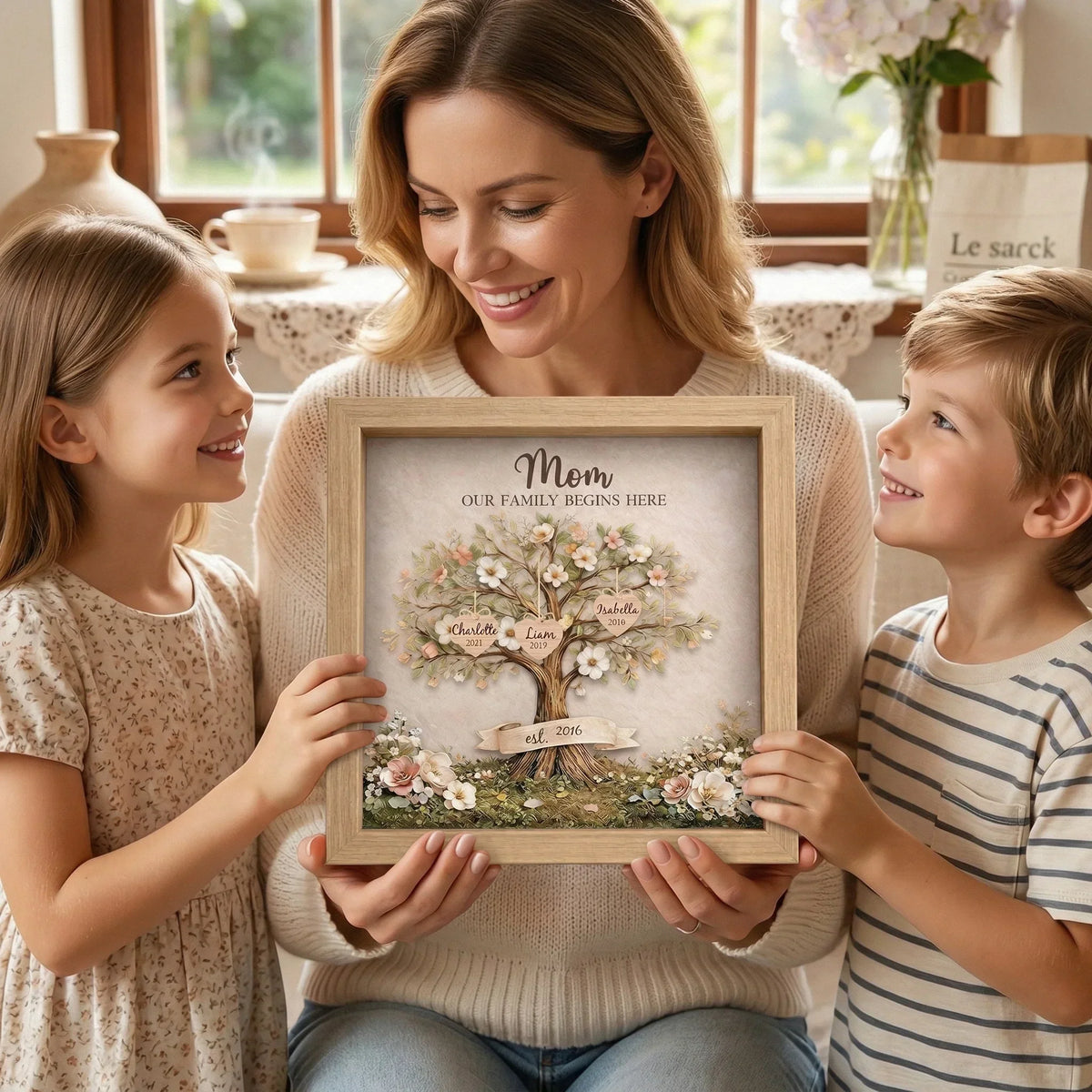 Personalized Mom Family Tree With Kids' Names Birth Years LED Light Shadow Box Wooden Ornament