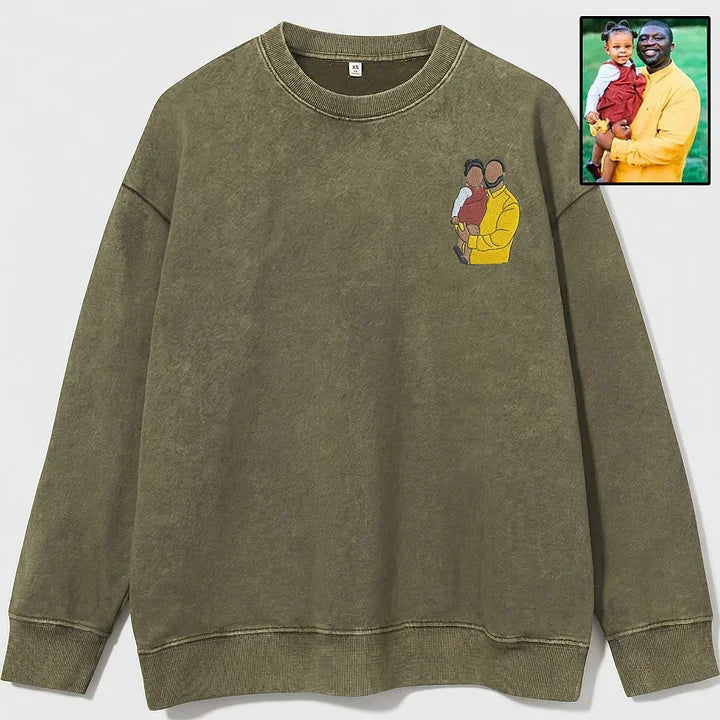 Custom Personalized Dad Portrait Embroidered Washed Sweatshirt, Hoodie & T-Shirt