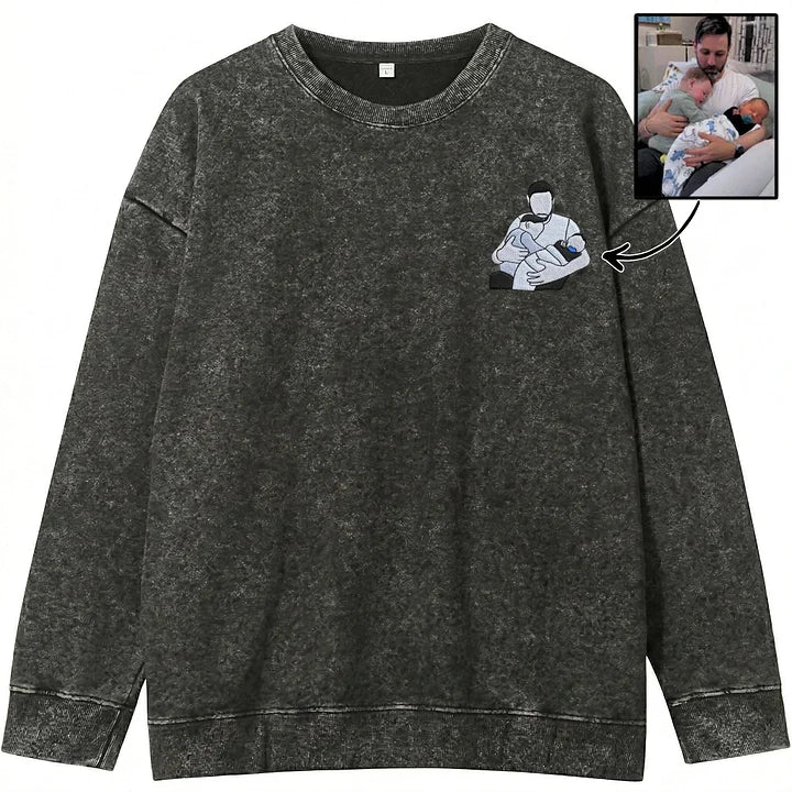 Custom Personalized Dad Portrait Embroidered Washed Sweatshirt, Hoodie & T-Shirt
