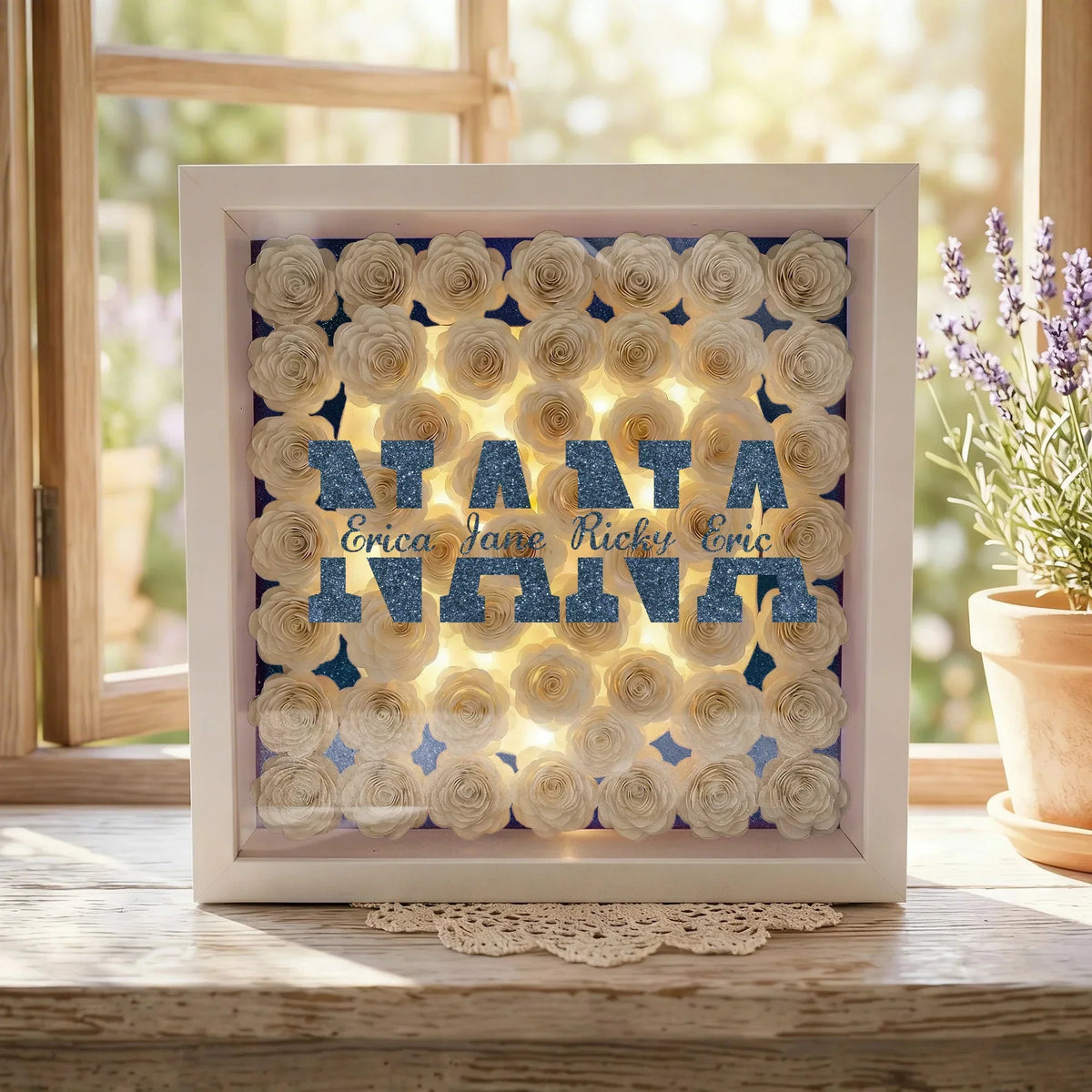 Custom Glitter MOM Nickname Flower Shadow Box With LED Light
