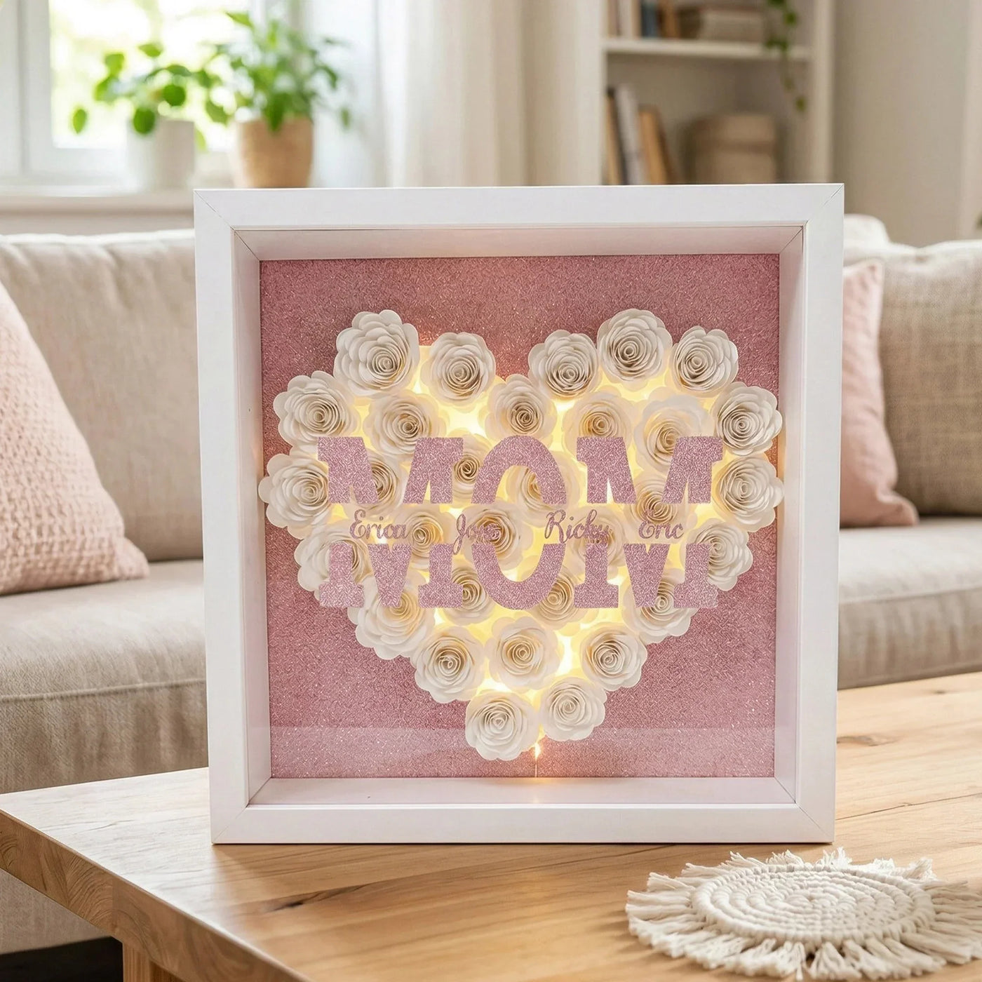 Custom Glitter MOM Nickname Flower Shadow Box With LED Light