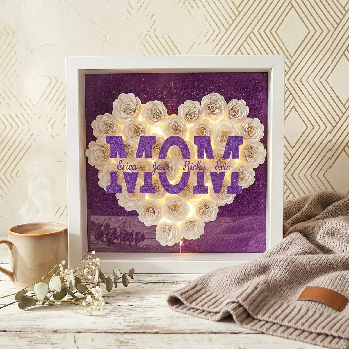 Custom Glitter MOM Nickname Flower Shadow Box With LED Light