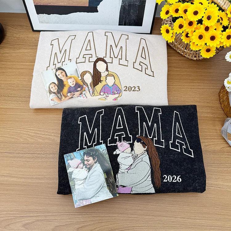 Custom Embroidered Sweatshirt with Mama and Kids Portrait | Mother's Day Gift