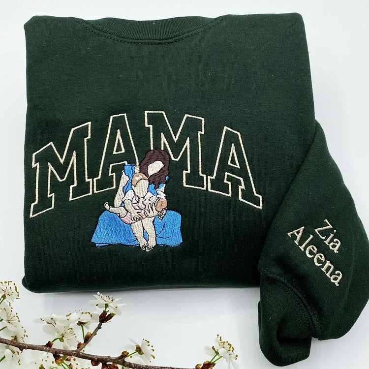 Custom Embroidered Sweatshirt with Mama and Kids Portrait | Mother's Day Gift