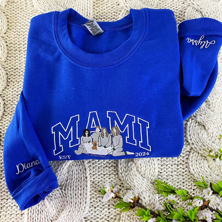 Custom Embroidered Sweatshirt with Mama and Kids Portrait | Mother's Day Gift