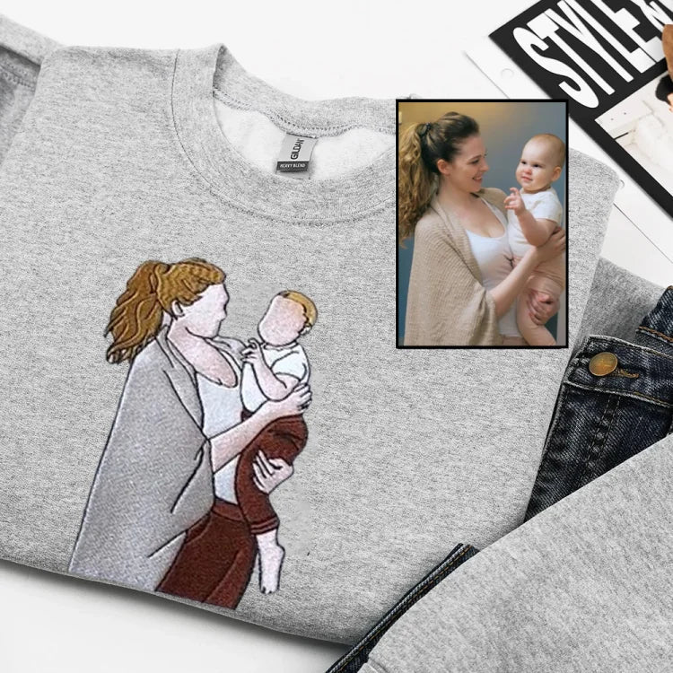 Custom Mama,Mom Portrait Embroidered T-shirt Sweatshirt | Gifts for Mom