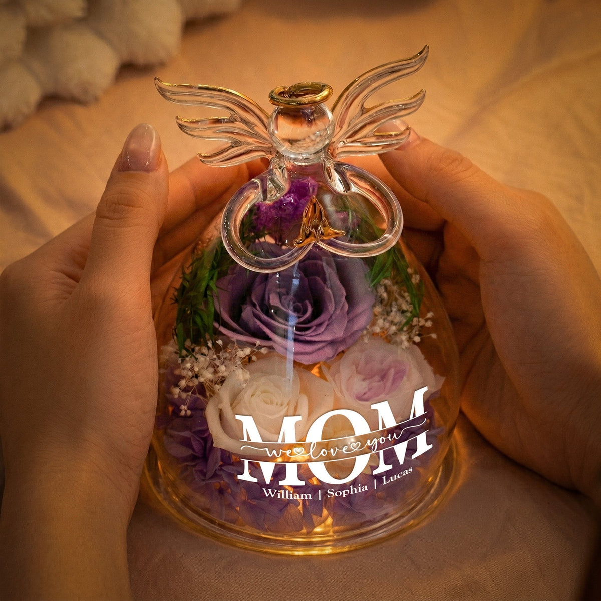 Mother’s Day Gifts, Personalized "Mom We Love You" Glass Angel Dome with Preserved Roses & LED Light – Eternal Love Gift