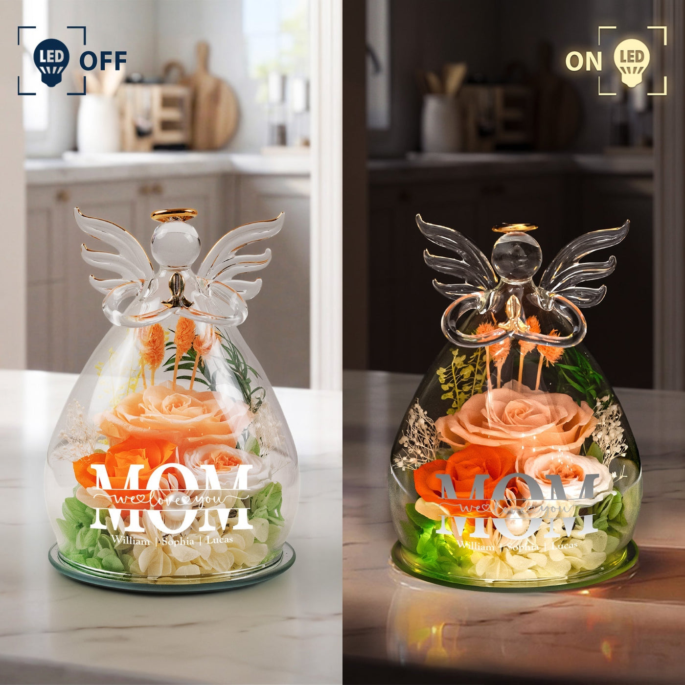 Mother’s Day Gifts, Personalized "Mom We Love You" Glass Angel Dome with Preserved Roses & LED Light – Eternal Love Gift