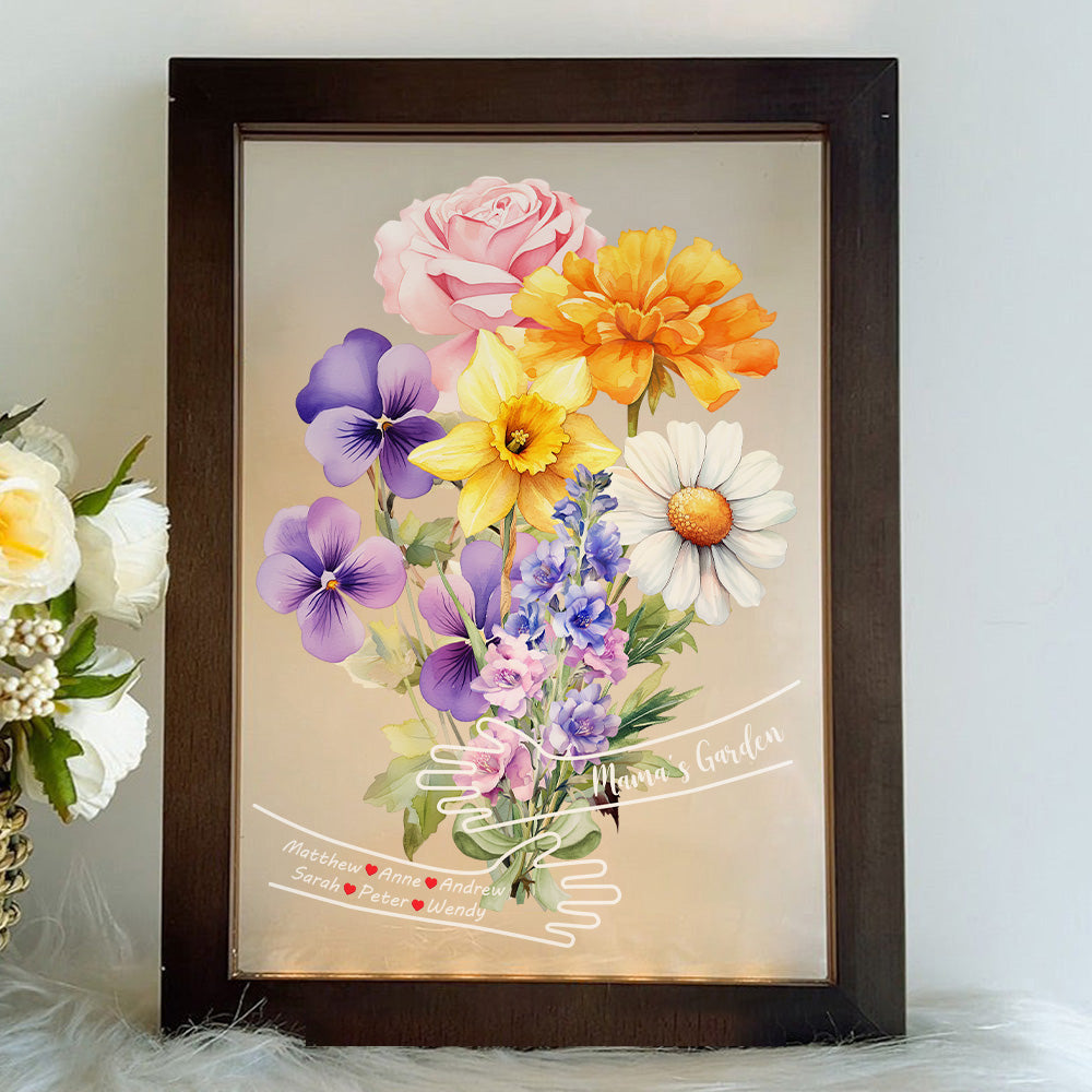 Custom Hug Birth Month Flower Bouquet with Names LED Night Light Frame | Mother's Day Gift