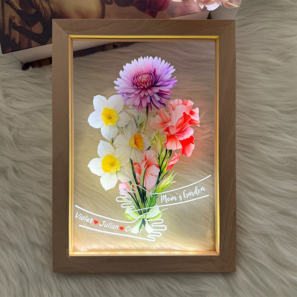 Custom Hug Birth Month Flower Bouquet with Names LED Night Light Frame | Mother's Day Gift