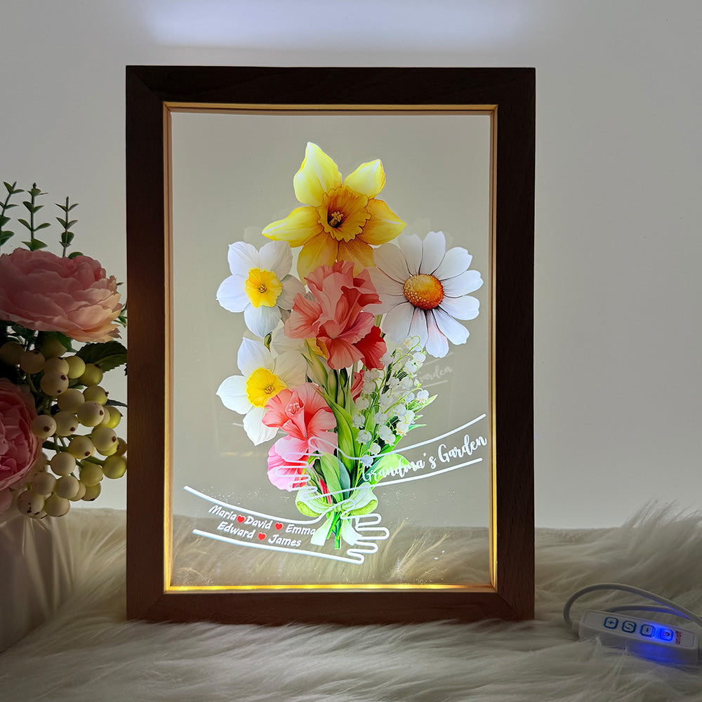 Custom Hug Birth Month Flower Bouquet with Names LED Night Light Frame | Mother's Day Gift