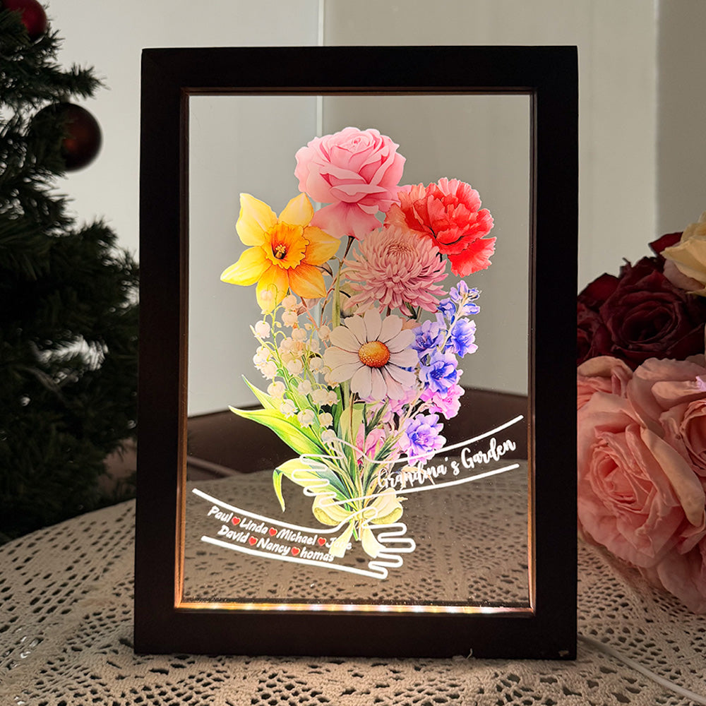 Custom Hug Birth Month Flower Bouquet with Names LED Night Light Frame | Mother's Day Gift