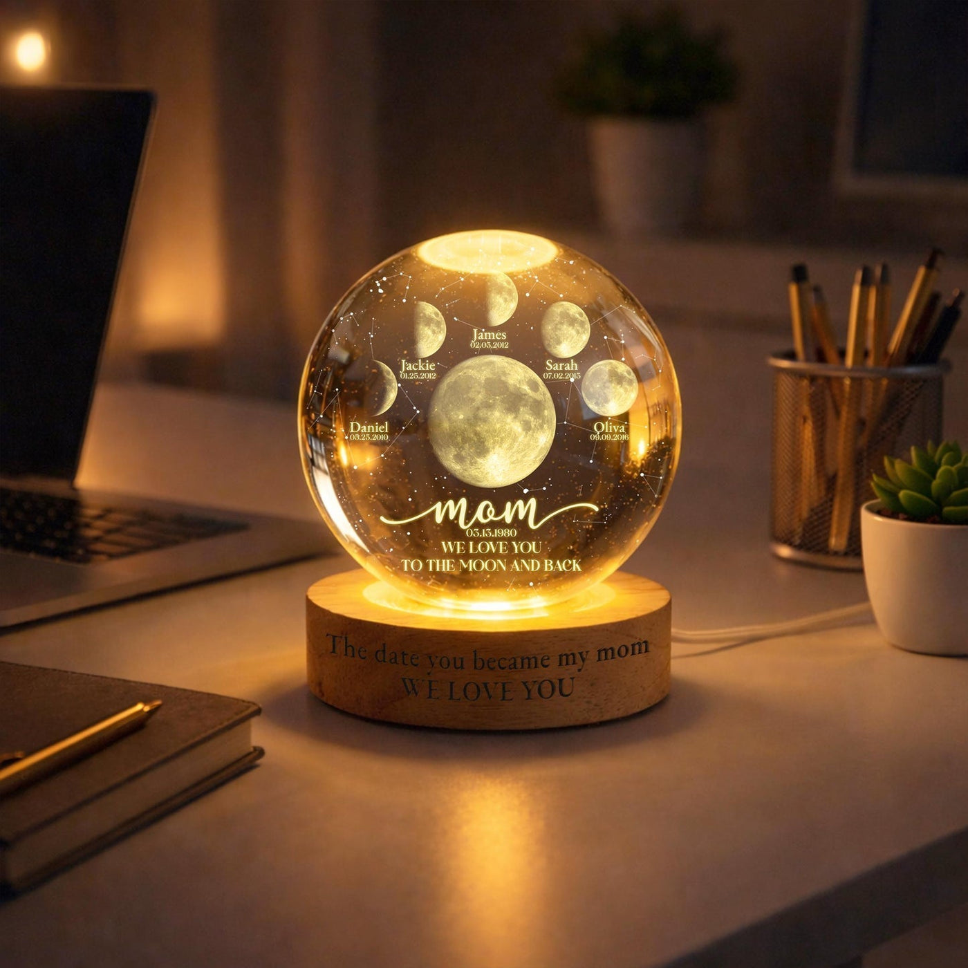 Personalized "To The Moon and Back" Moon Lamp for Mom – Custom 3D Crystal Night Light