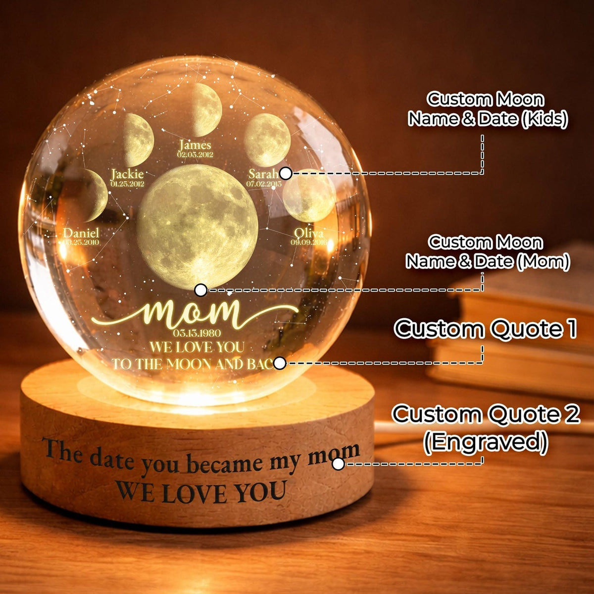 Personalized "To The Moon and Back" Moon Lamp for Mom – Custom 3D Crystal Night Light