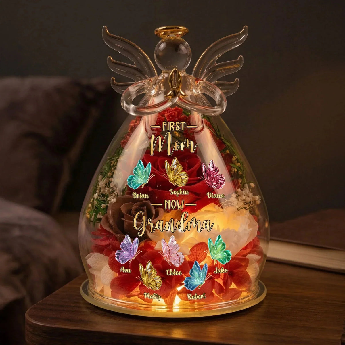 Personalized "First Mom, Now Grandma" Angel Figurine with Preserved Roses & LED Light – Custom Mother's Gift
