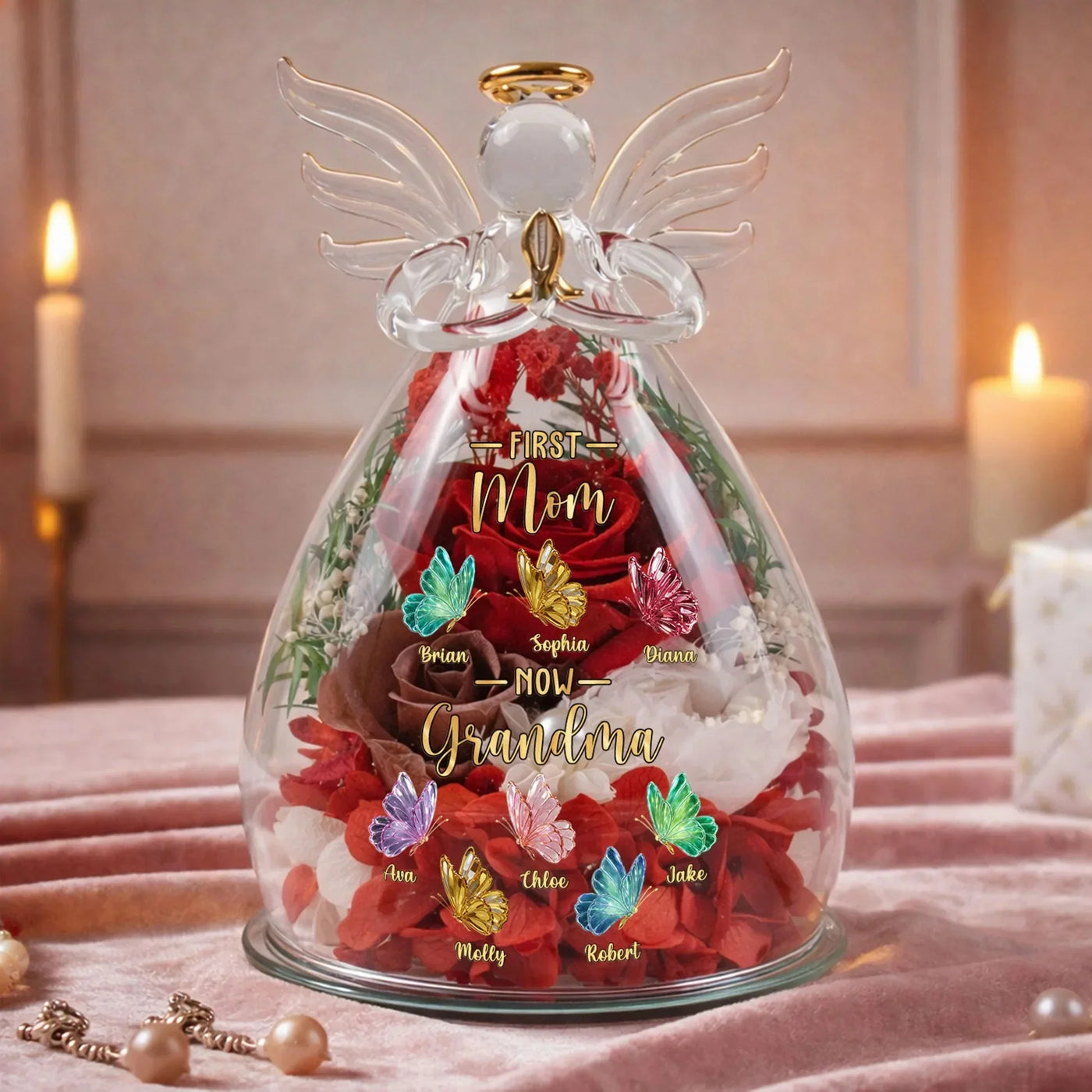 Personalized "First Mom, Now Grandma" Angel Figurine with Preserved Roses & LED Light – Custom Mother's Gift