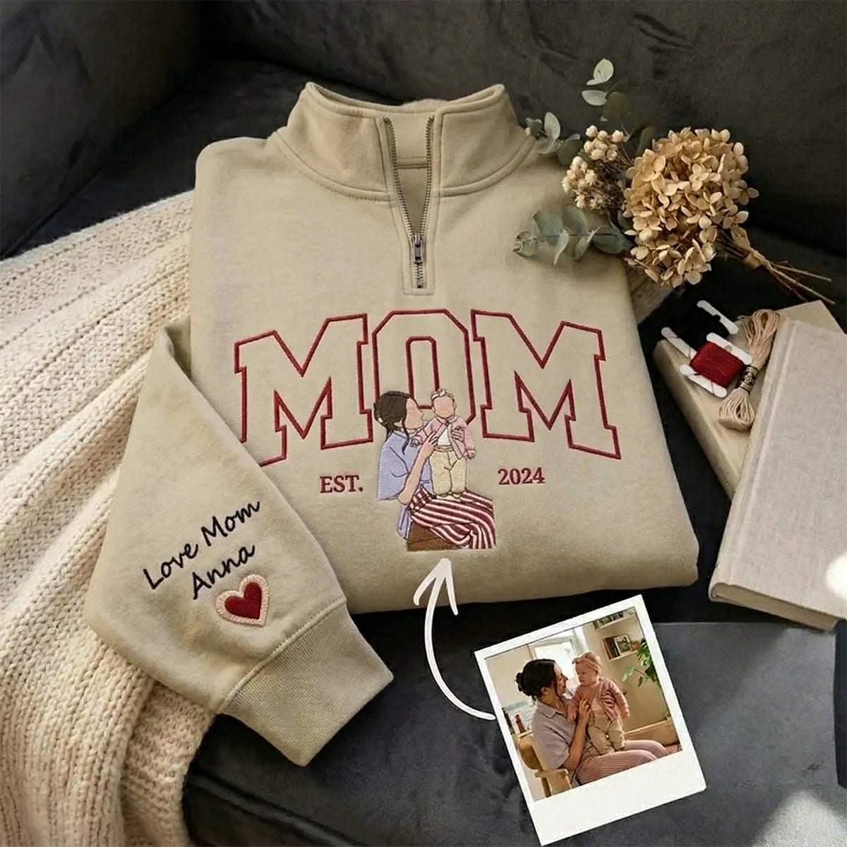 Custom Mama Sweatshirt with Photo - Personalized Embroidered Quarter Zip Pullover | Mother's Day Gift