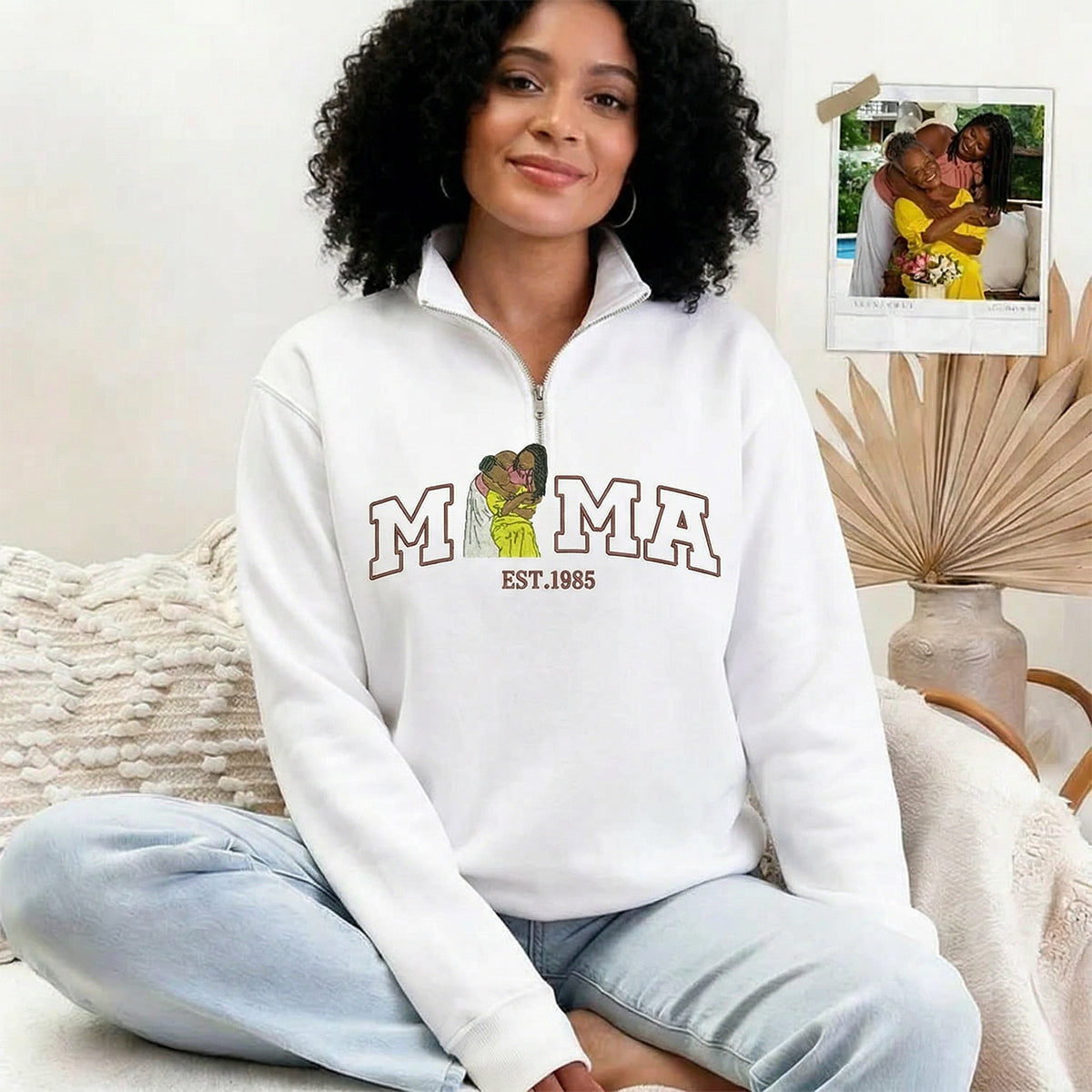 Custom Embroidered Quarter Zip Sweatshirt with Mama and Kids Portrait | Mother's Day Gift