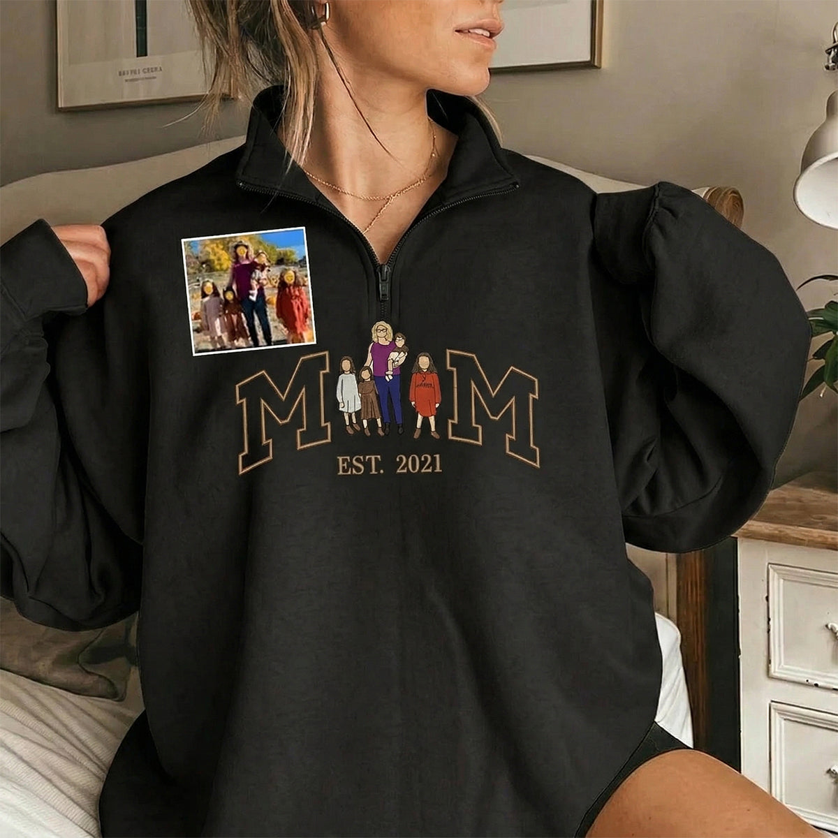 Custom Embroidered Quarter Zip Sweatshirt with Mama and Kids Portrait | Mother's Day Gift