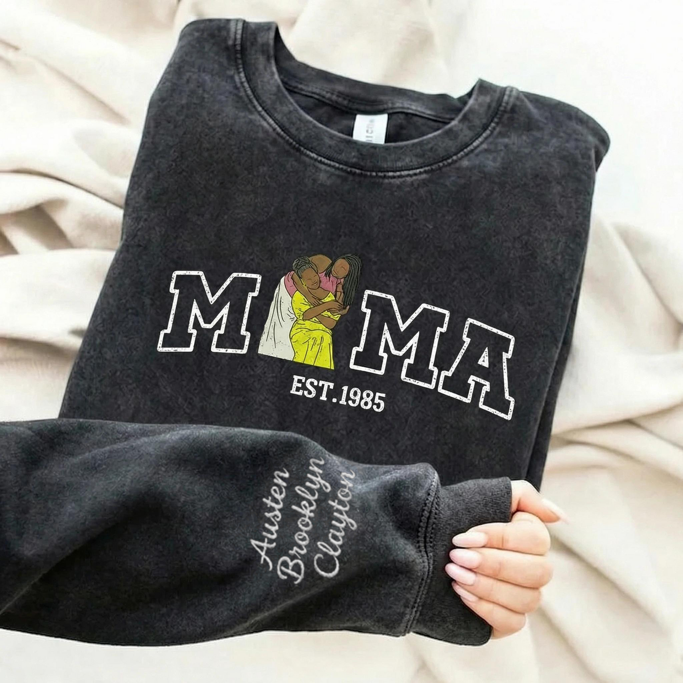 Vintage Washed Custom Embroidered Mum & Kids Portrait Sweatshirt-Mother's Day Gift