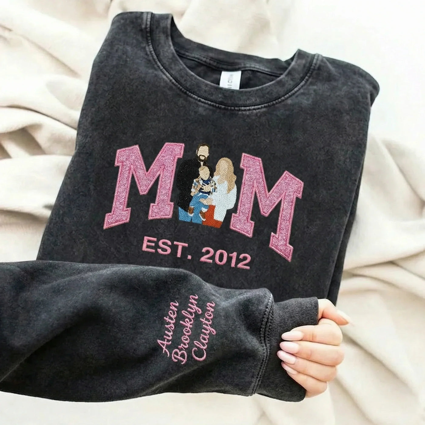 Customize Mom’s Glitter Washed Sweatshirt with Photo – Vintage Wash Clothes, Personalized Mother’s Day Gift