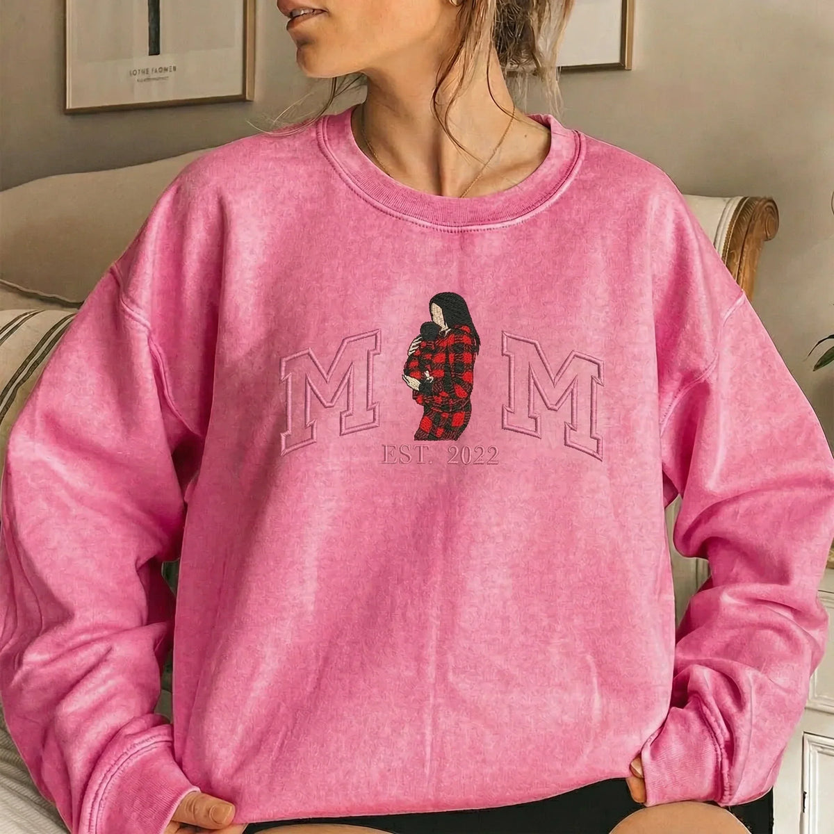 Vintage Washed Custom Embroidered Mum & Kids Portrait Sweatshirt-Mother's Day Gift