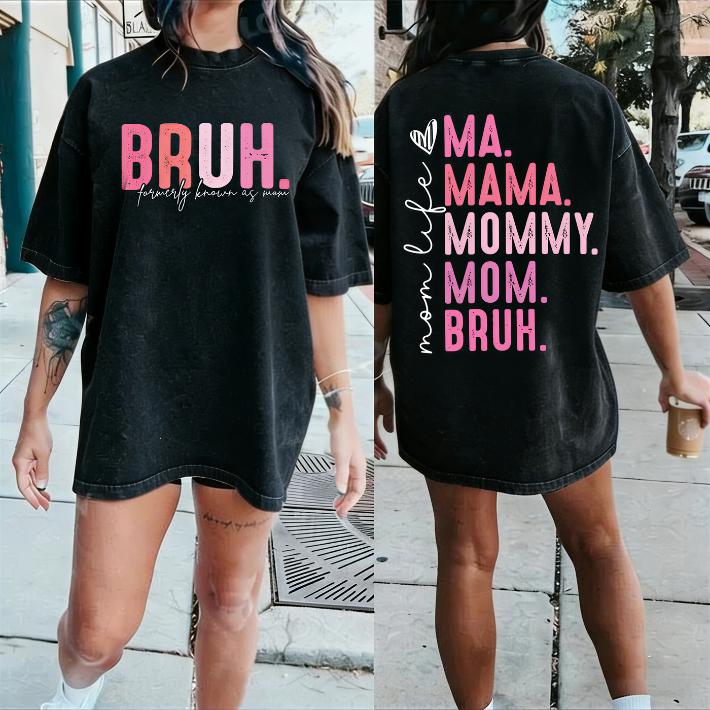 Vintage Wash “BRUH” Mom Graphic Tee – Retro Washed Cotton T-Shirt, Front & Back Print