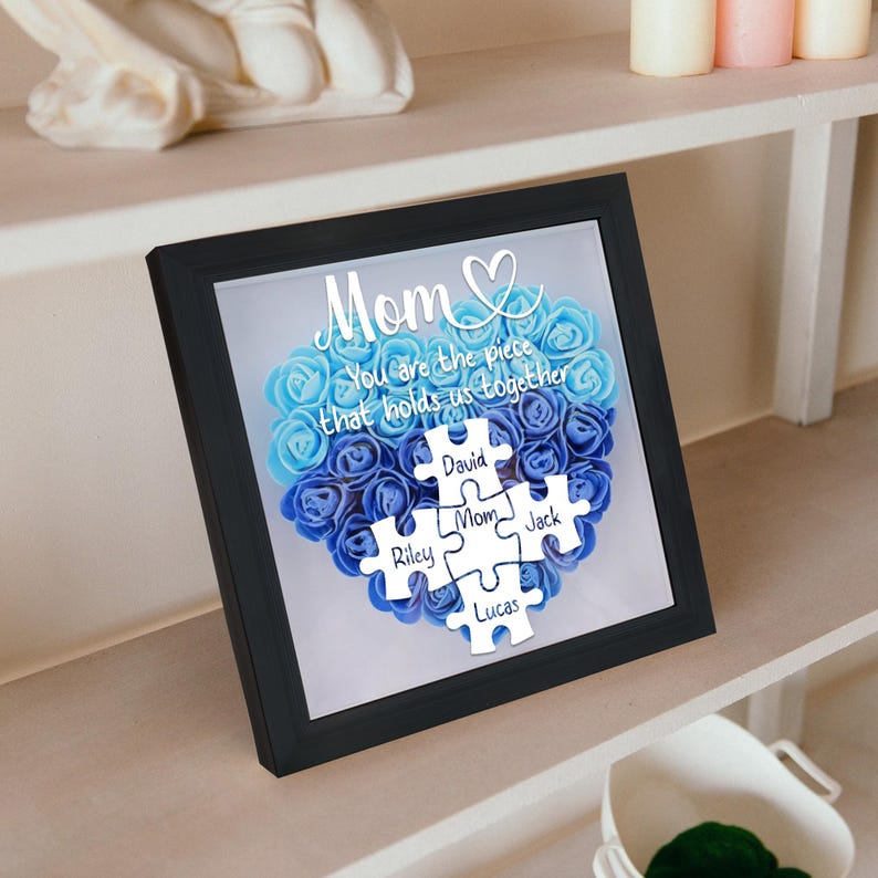 Custom Mom Puzzle With Kids Names Heart Flower Shadow Box, Birthday Mom Gift, Mum Gift, Mother's Day Gift, Flower Box For Mom, Grandma Gift