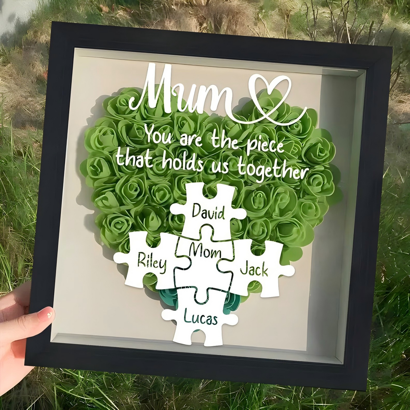 Custom Mom Puzzle With Kids Names Heart Flower Shadow Box, Birthday Mom Gift, Mum Gift, Mother's Day Gift, Flower Box For Mom, Grandma Gift