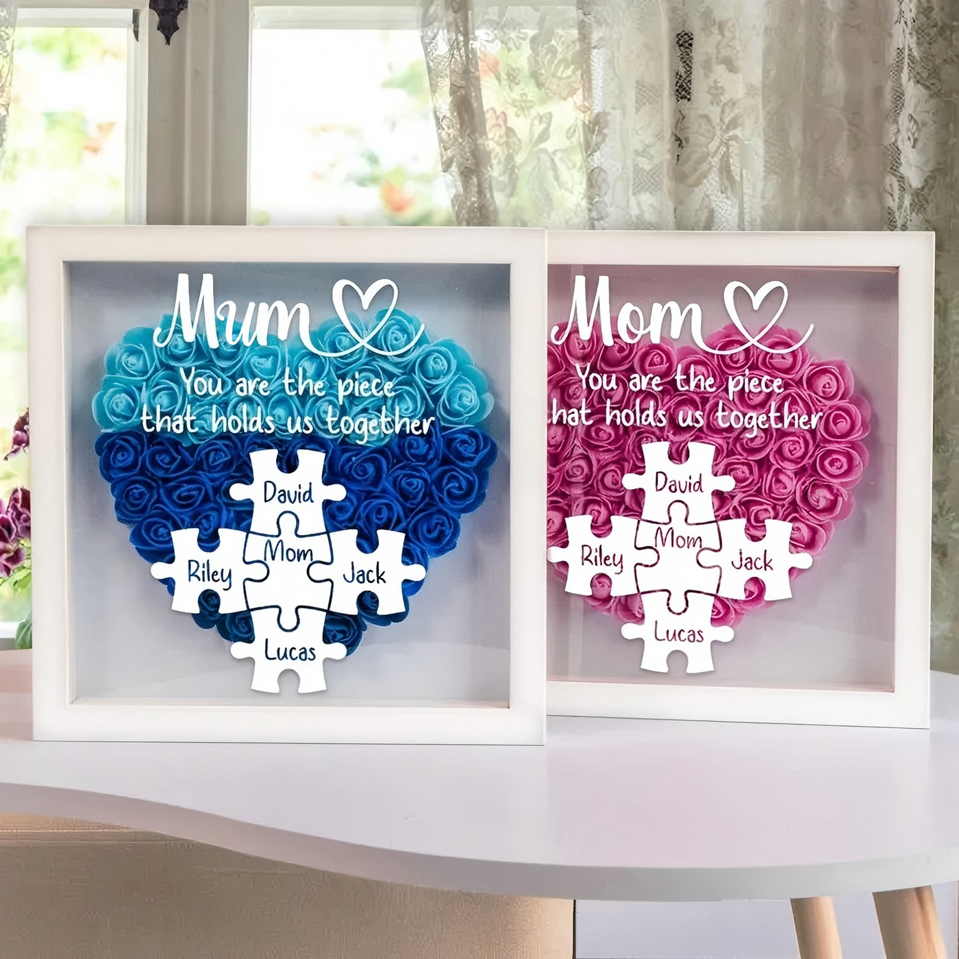 Custom Mom Puzzle With Kids Names Heart Flower Shadow Box, Birthday Mom Gift, Mum Gift, Mother's Day Gift, Flower Box For Mom, Grandma Gift