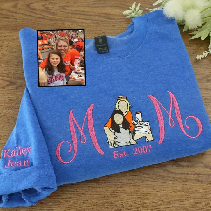 Custom Embroidered Mom Sweatshirt with Mom Kids Portrait | Mother's Day Gifts for Mom