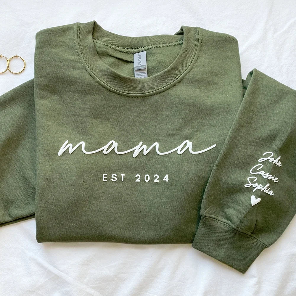 Custom Puff Print Sweatshirt Est Year with Kids Names on Sleeve | for Mama and Grandma Gift