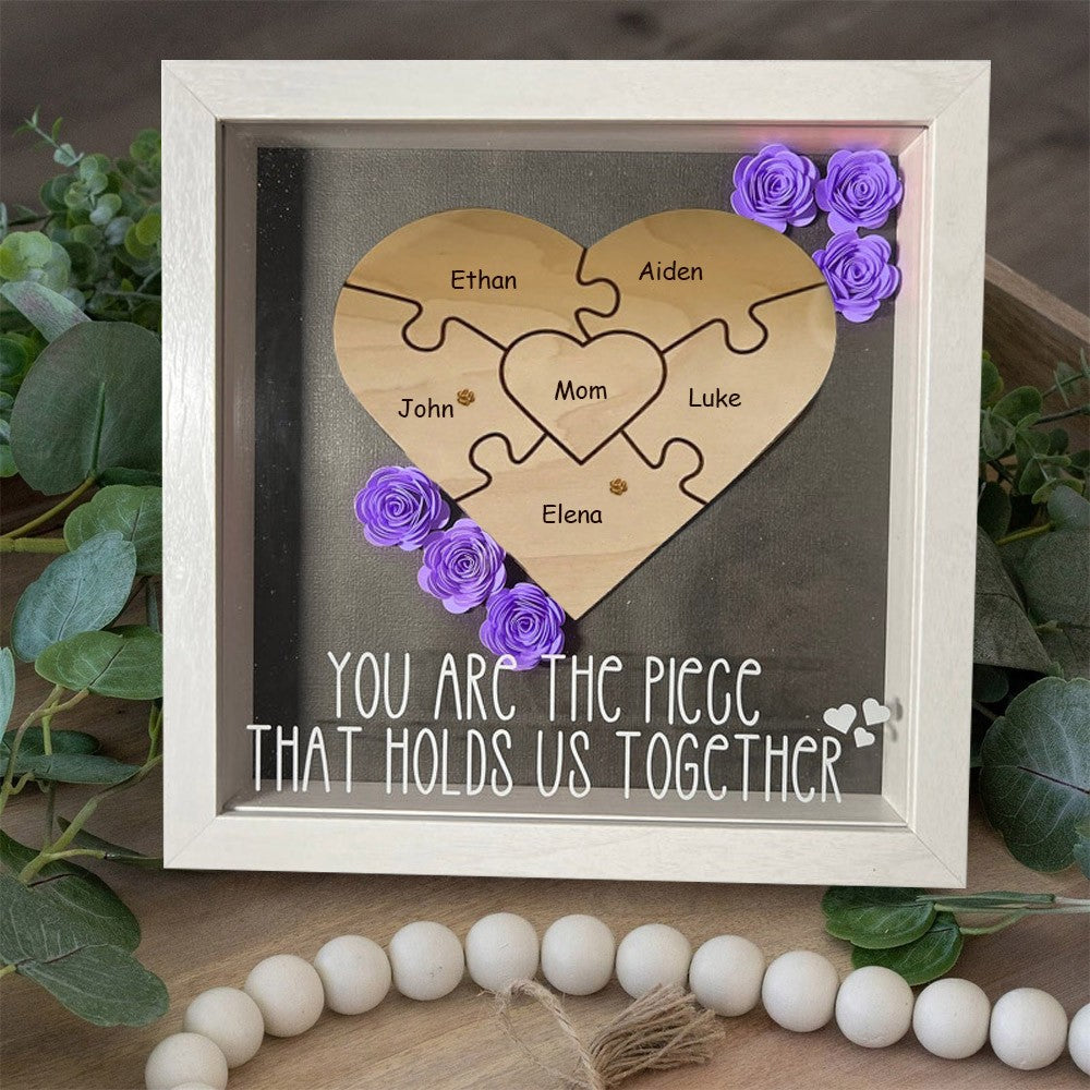Personalized Mom Flower Shadow Box Heart Name Puzzle Piece For Mother's Day