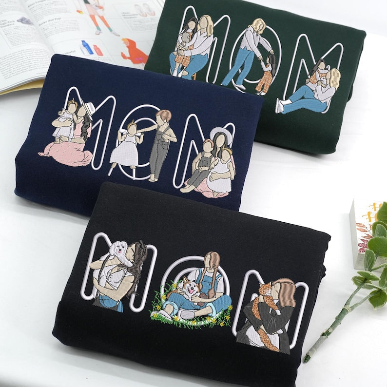 Custom Embroidered Portrait Mum & Kids Letter Design Sweatshirt | Mother's Day Gift